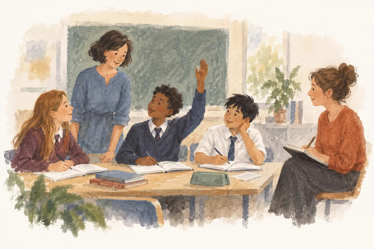 A watercolour of a lesson: a teacher standing with three pupils at a table, and an observer seated to one side taking notes.